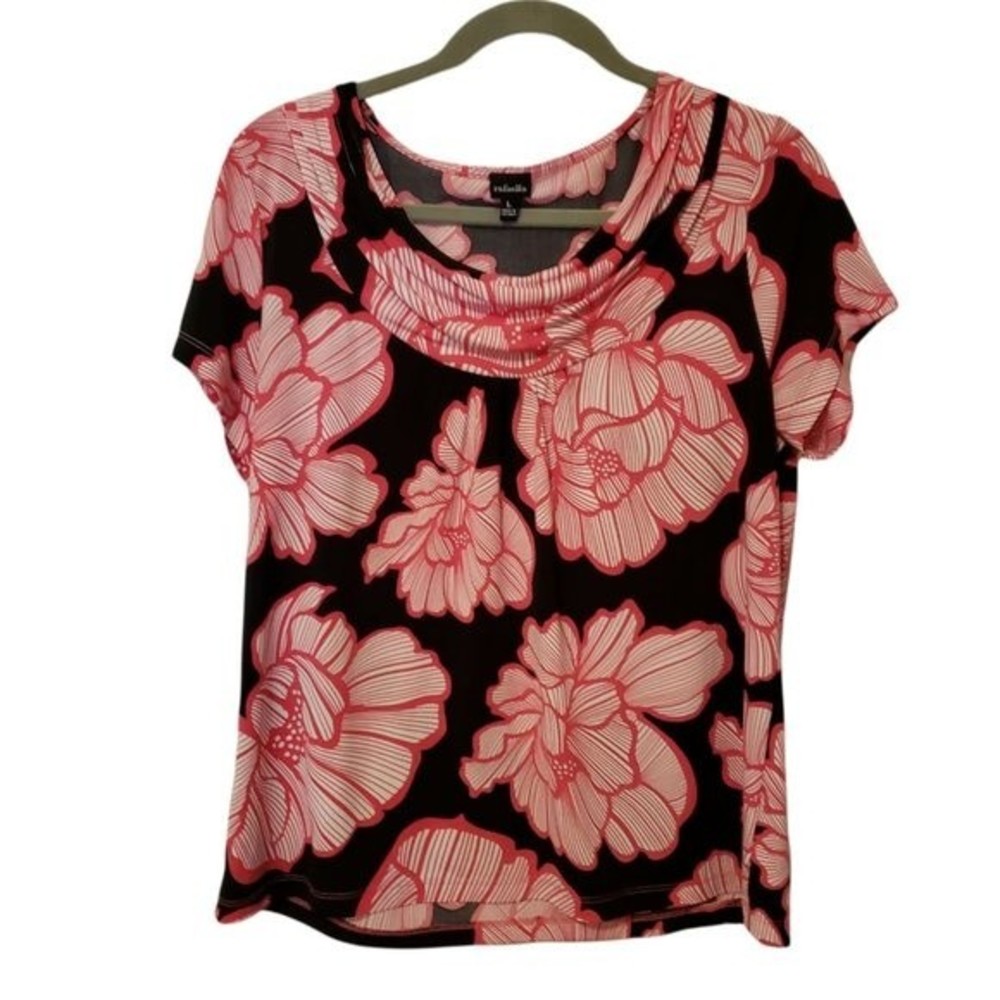 Rafaella Womens Sz L Black Pink Floral Short Sleeve Blouse
